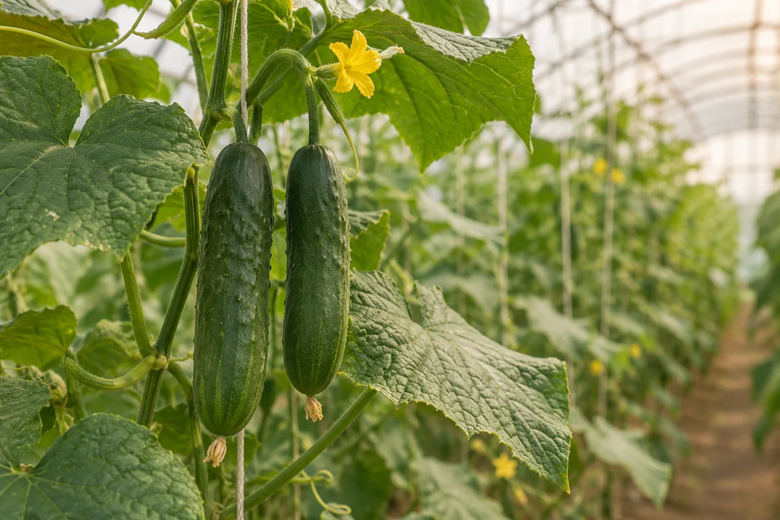 Cucumbers growing in a greenhouse