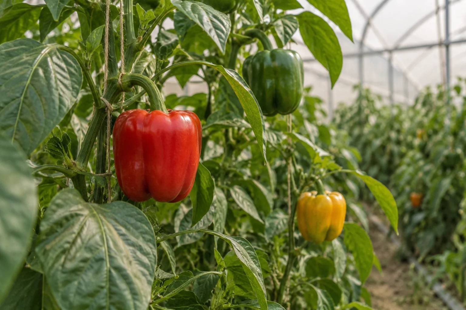 Sweet peppers growing in a greenhouse